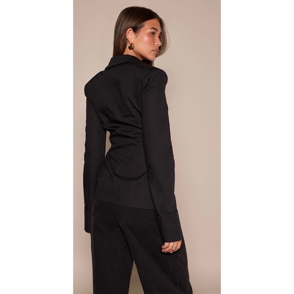 PrettyLittleThing Black Cotton Cinched Cuff Shoulder Pad Shirt Size 6 NEW - Picture 2 of 9